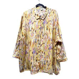 Coldwater Creek Womens 3X Button-Down Southwest Print Shirt 100% Linen Yellow